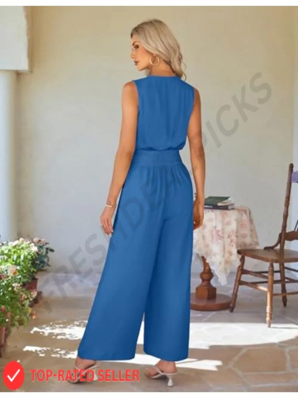 Dressy Casual Sleeveless Wide Leg Jumpsuit with Pockets, Smocked Waist